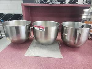 lot 18821 image: (3) Stainless Steel Mixer Bowls w Whip, Flat Beater, Dough Hook &amp Bowl Lifter
