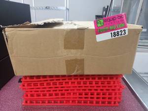 lot 18823 image: Red Interlocking Plastic Grid Floor Mat Tiles with Raised Studs, Boxed Lot