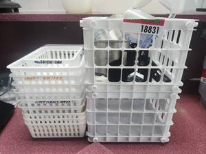 lot 18831 image: Lot of White Plastic Storage Baskets, Stackable Crates, Scoop & Steel Cup