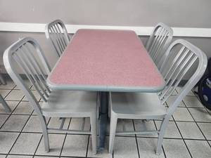 lot 18838 image: Rectangular Pedestal Dining Table 42in w 4 Gray Metal Slat-Back Chairs