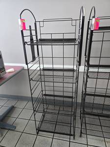 lot 18843 image: Black Wire 4-Tier Display Rack with Arched Top and Bottle Silhouettes
