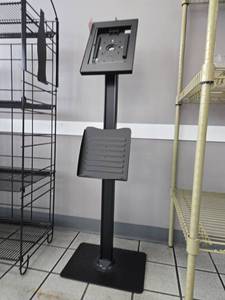 lot 18847 image: Black Steel Floor-Standing Tablet Kiosk Stand w Lock and Literature Tray