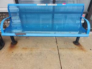 lot 18849 image: Blue Expanded Metal Bench with Armrests and Bolt-Down Base Plates, 72in