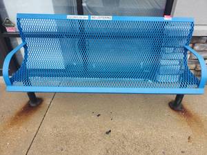 lot 18850 image: Blue Expanded Metal Outdoor Bench with Armrests and Black Steel Legs