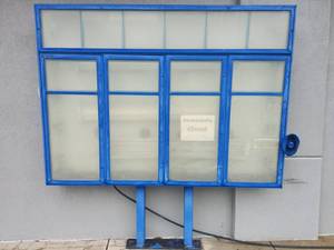 lot 18851 image: Blue Metal Drive-Thru Menu Board Cabinet w Hinged Frosted Panels & Speaker Horn