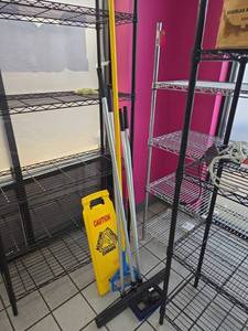 lot 18859 image: Janitorial Lot  Caution Sign, Squeegee and More (Shelving Not Included)