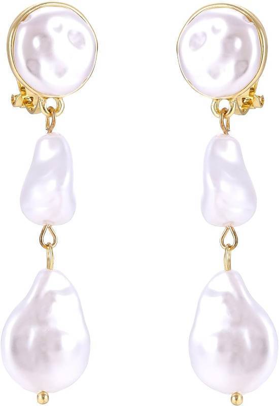 lot 301668 image: Long Gold Clip on Pearl Earrings for Women Non Pierced Dangle Earrings