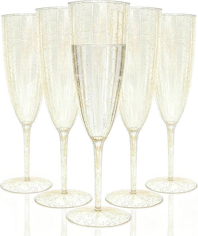 lot 111764 image: 36 PCS Gold Glitter Plastic Champagne Flutes, 6 oz Disposable Wine Glasses, Reusable Cocktail Cups Party Supplies for Party Wedding Toasting Birthday Bridal Shower