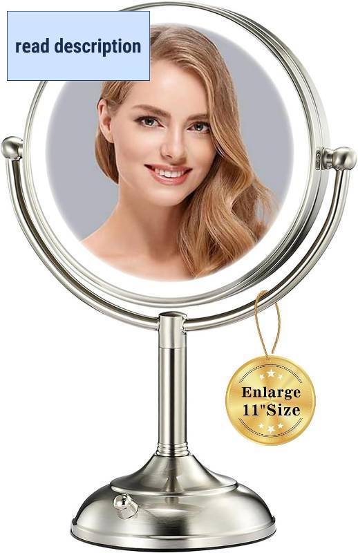 lot 311561 image: VESAUR 11.8 Extra Large 17 Tall Lighted Makeup Mirror, 1X5X10X 3-Sided Magnifying Mirror with 96 LEDs, 3 Color Dimmable Lights, 360  Swivel Dual Power Vanity Mirror, Nickel Finish Luxury Gift Box