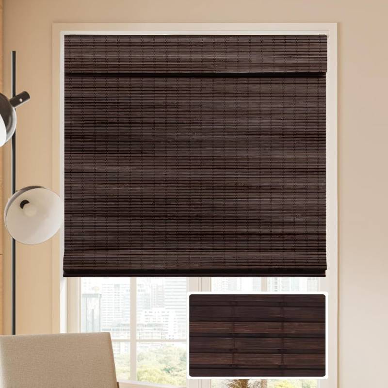 lot 421612 image: LUCKUP Cordless Bamboo Roman Blinds Shades for Indoor Windows-Blackout Room Darkening Roman Blinds with 6 Valance Cover Enhanced Privacy, 42 W x 64 H