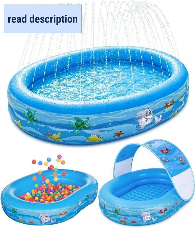 lot 231660 image: Inflatable Kids Pool with Canopy and Sprinkler 65 x 46, Kiddie Blow Up Pool with Shade Cover for Baby Swimming, Toddler Ball Pit for Backyard Water Fun Indoor Outdoor Summer Toys