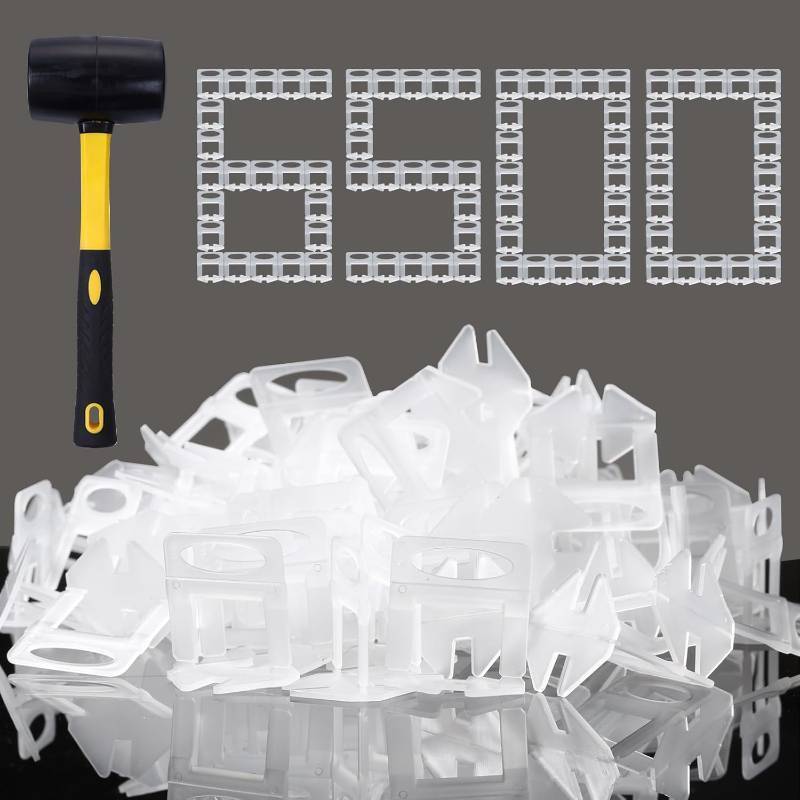 lot 242217 image: Tile Leveling System 116 Inch Spacers Tile Leveler Clips 6500 Pcs and 16 oz Rubber Mallet Hammer .Tile Tools Set for Professional Ceramic and Stone Installation