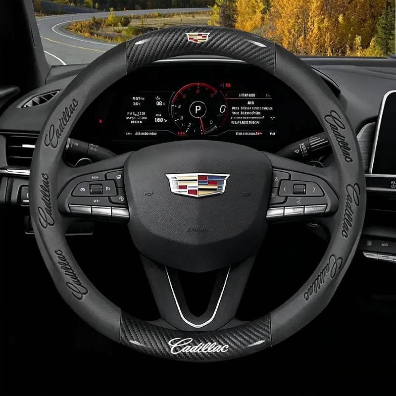 lot 242242 image: fir for Cadillac Steering Wheel Cover, Carbon Fiber Texture Nappa Leather,Custom Embossed Logo, Round Shape,Car Steering Wheel Protector Compatible with Cadillac Escalade XT4 XT5 XT6 Accessories