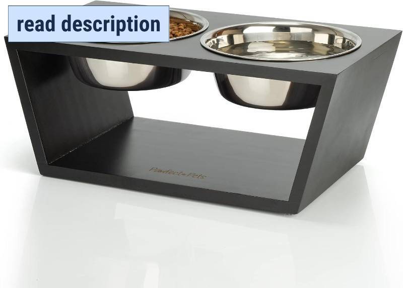 lot 101709 image: Pawfect Pets Elevated Dog Bowl Stand- 7 Raised Dog Bowl for Medium Dogs. Pet Feeder with Four Stainless Steel Bowls (Black)