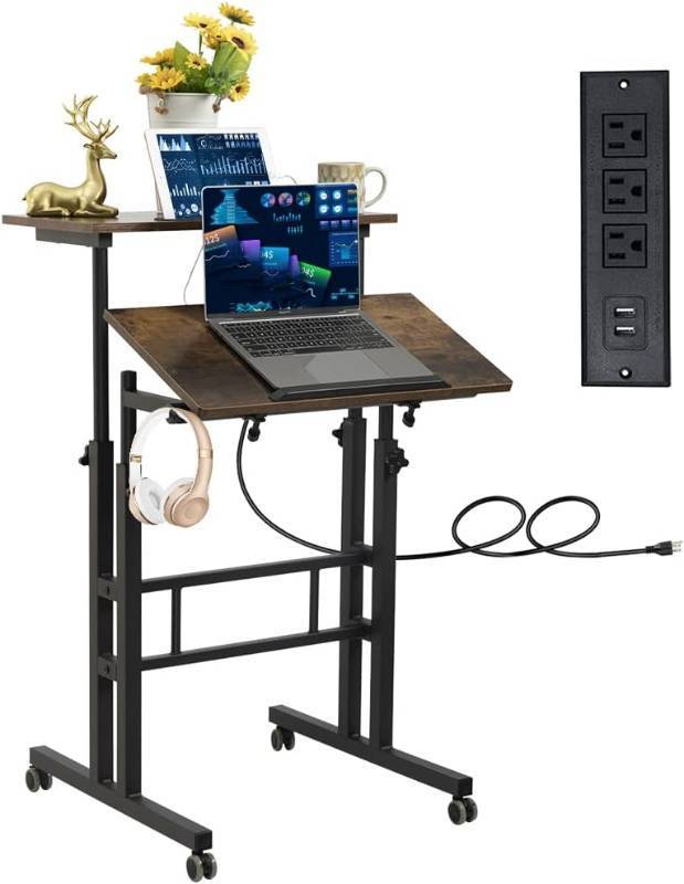 lot 201607 image: Hadulcet Mobile Standing Desk with Wheels, Rolling Desk Adjustable Height, Portable Laptop Table with Charging Station, Sit Stand up for Home Office, Study, Classroom, Rustic Brown
