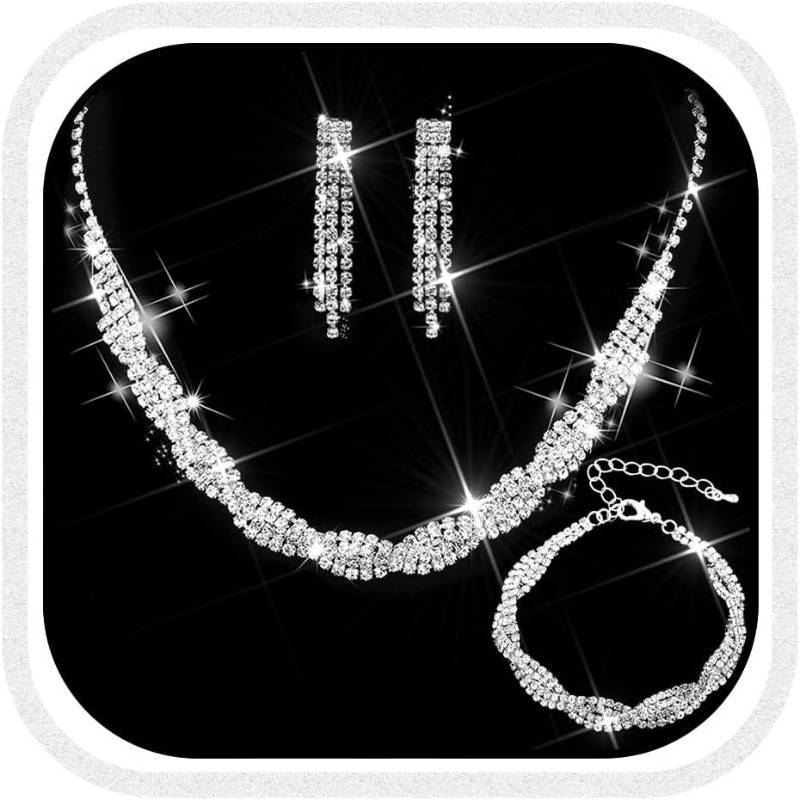 lot 301663 image: Unicra Wedding Jewelry Sets Silver Rhinestone Necklace Earrings Bracelet Sets Prom Jewelry Accessories for Women and Brides