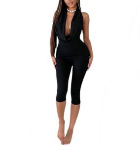lot 2415 image: LXUAMR Womens Backless Deep V Neck Halter Bodycon Capri Jumpsuit, Large