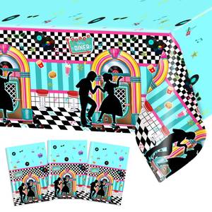 lot 2453 image: Avezano 50s Party Tablecloths 108 x 54 Inch 3 Pcs Rock Roll Table Cover