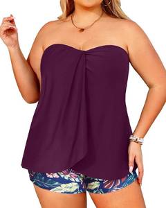 lot 2491 image: Daci Plus Size 2 Piece Bandeau Tankini Swimsuit with Shorts Purple Leaves 24W