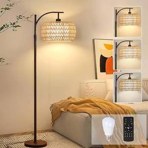 lot 5595 image: ZECOXOL Arc Floor Lamp Rattan Boho Dimmable LED With Remote Black