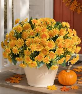 lot 5604 image: HyeFlora Artificial Fall Mum Flowers Outdoor UV Resistant 2 Bundles Yellow