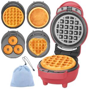 lot 5609 image: Bakers Friend 4 in 1 Mini Waffle Maker, Removable Plates, Red
