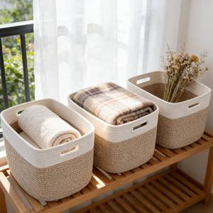 lot 5636 image: HZFTJOY Woven Storage Baskets 3 Pack Rectangle Cotton Rope with Handles