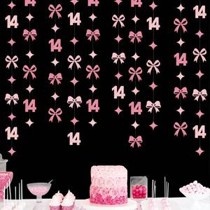 lot 6027 image: Pink Blume Pink 14th Birthday Bow Garland Streamer Decorations 43.2 Ft