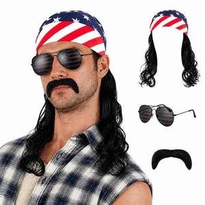 lot 6077 image: GenmeiFBH Mens Black Mullet Wig Stars and Stripes Mohawk 4th of July