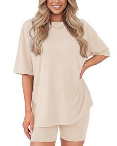 lot 6080 image: ZOOSIXX Womens 2 Piece Lounge Set Oversized Tee and Biker Shorts, Beige, Large