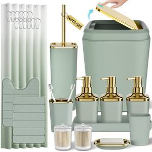 lot 7537 image: InnJoey 26 Piece Bathroom Accessory Set Sage Green With Shower Curtain and Rugs
