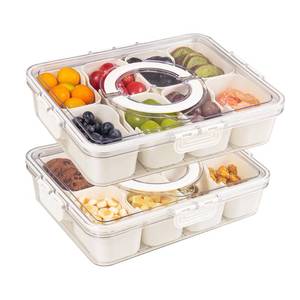 lot 9196 image: Zaboro 2 Pack Snackle Box Container with 8 Compartments, Clear Divided Serving Tray with Lid and Handle, Snack Bento Box for Charcuterie, Candy, Fruits, Nuts, Picnic, Travel, Beige