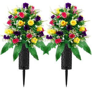 lot 9223 image: 2 Sets Artificial Grave Flowers with Cemetery Vase for Memorial Decor