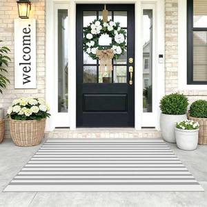 lot 9233 image: KOZYFLY Striped Rug 3x5 ft Cotton Woven Front Door Rugs, Gray and White