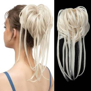 lot 10266 image: CJL HAIR Messy Bun Hair Piece Curly Hair Bun Extensions with Straight Tails Synthetic Hair Scrunchies Ponytail Hairpieces for Women Platinum Blonde