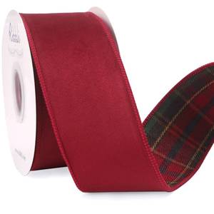 lot 10274 image: Ribbli Dark Red Velvet Wired Ribbon with Red GreenTartan Plaid Reversible 2.5 Inch Christmas Ribbon for Gift Wrapping Christmas Tree Decoration Crafts Wreaths Supplies-Continuous 10 Yards
