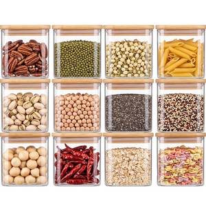 lot 13302 image: Suclain 12 Pack Square Plastic Pantry Storage Jars 25 Oz with Bamboo Lids