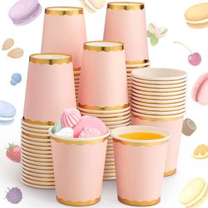 lot 14114 image: Funtery Disposable Paper Cups 9 oz 100 Count Light Pink