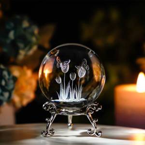 lot 14122 image: HDCRYSTALGIFTS Crystal Ball Paperweight 3D Laser Tulip Butterflies 2.4 Inch