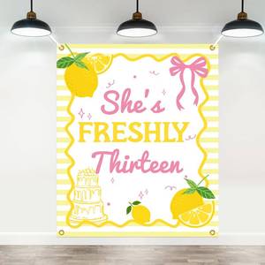 lot 14125 image: LUXLYNN Lemon Yellow 13th Birthday Banner Backdrop Wall Hanging