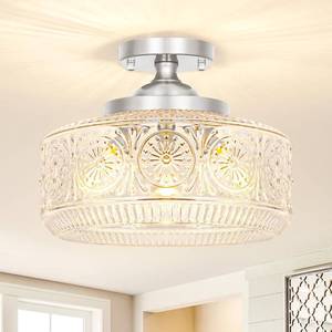 lot 17525 image: DSMJFU Brushed Nickel Semi Flush Mount Ceiling Light 3-Light E12 Glass Shade
