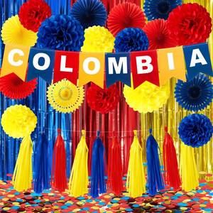 lot 18223 image: JolliLudo Colombia Party Decoration Set Red Yellow Blue Flowers Fans Tassels