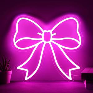 lot 18286 image: Pasocel Pink Bow LED Neon Sign Wall Decor Dimmable USB Powered