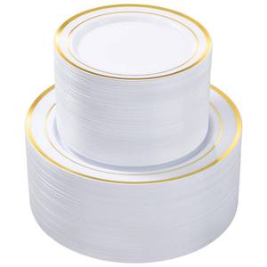 lot 19681 image: Goodluck Disposable Gold Plastic Plates 200 Pack 10.25in and 7.5in