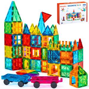 lot 19699 image: Gemmicc Magnetic Tiles Building Set 100 Pcs with 2 Cars