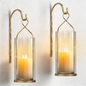 lot 19708 image: BEGINS Wall Candle Sconce Set of 2 Hand-Forged Glass Hurricane Lantern Gold