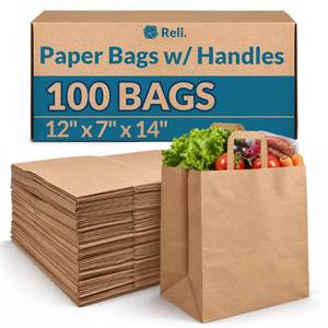 lot 19734 image: Reli. Kraft Paper Grocery Bags with Handles, 12x7x14, 100 Pcs #57