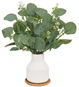 lot 19739 image: Aoztio Faux Eucalyptus Greenery Stems With White Ceramic Vase, 11 Inch