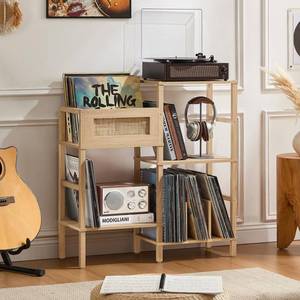 lot 19740 image: LELELINKY Record Player Stand Natural Oak 3-Tier Vinyl Record Storage