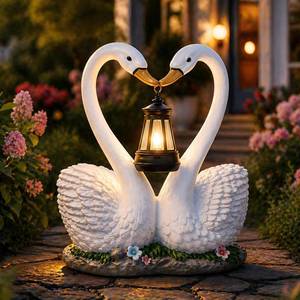lot 19744 image: Whaislex Solar Swan Couple Garden Statue with Hanging Lantern Resin Outdoor (BEAK DAMAGED)